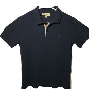 Burberry Polo T-shirt London England Short Sleeve Solid Check Navy Blue Sm Men